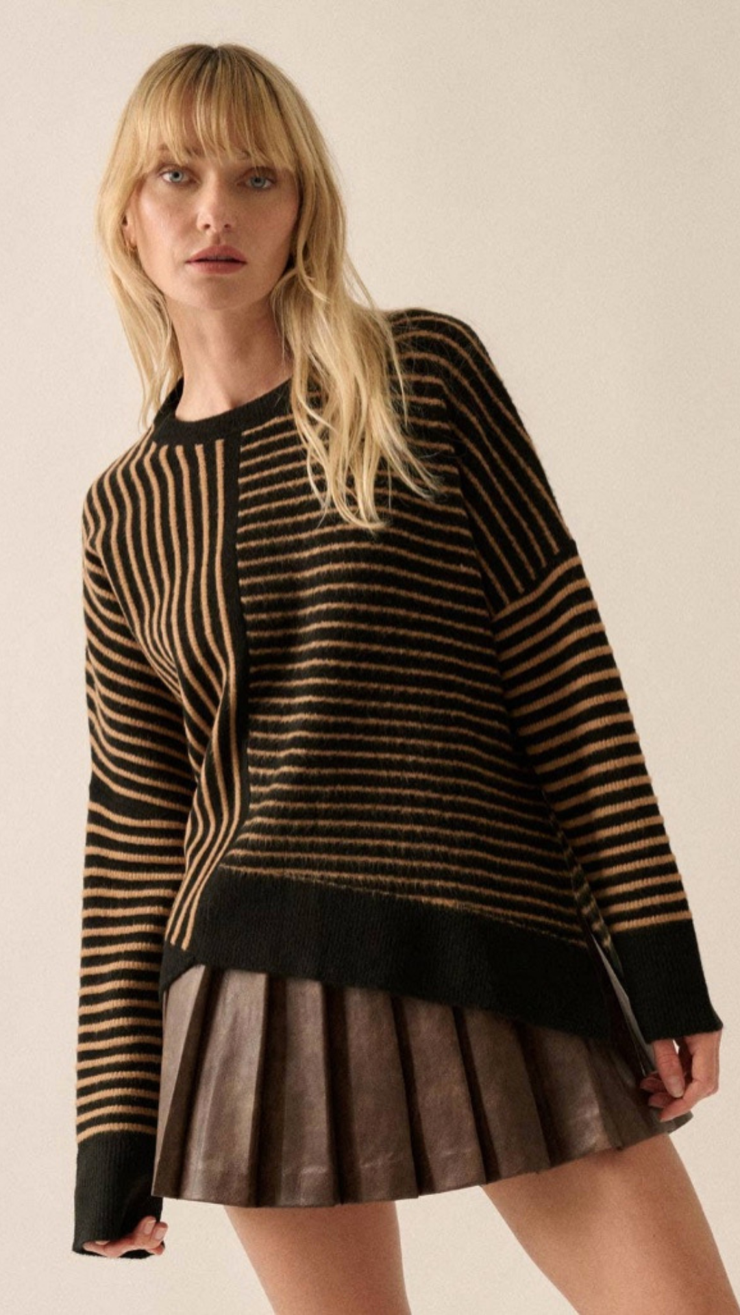 Striped Round Neck Asymmetrical Hem Sweater