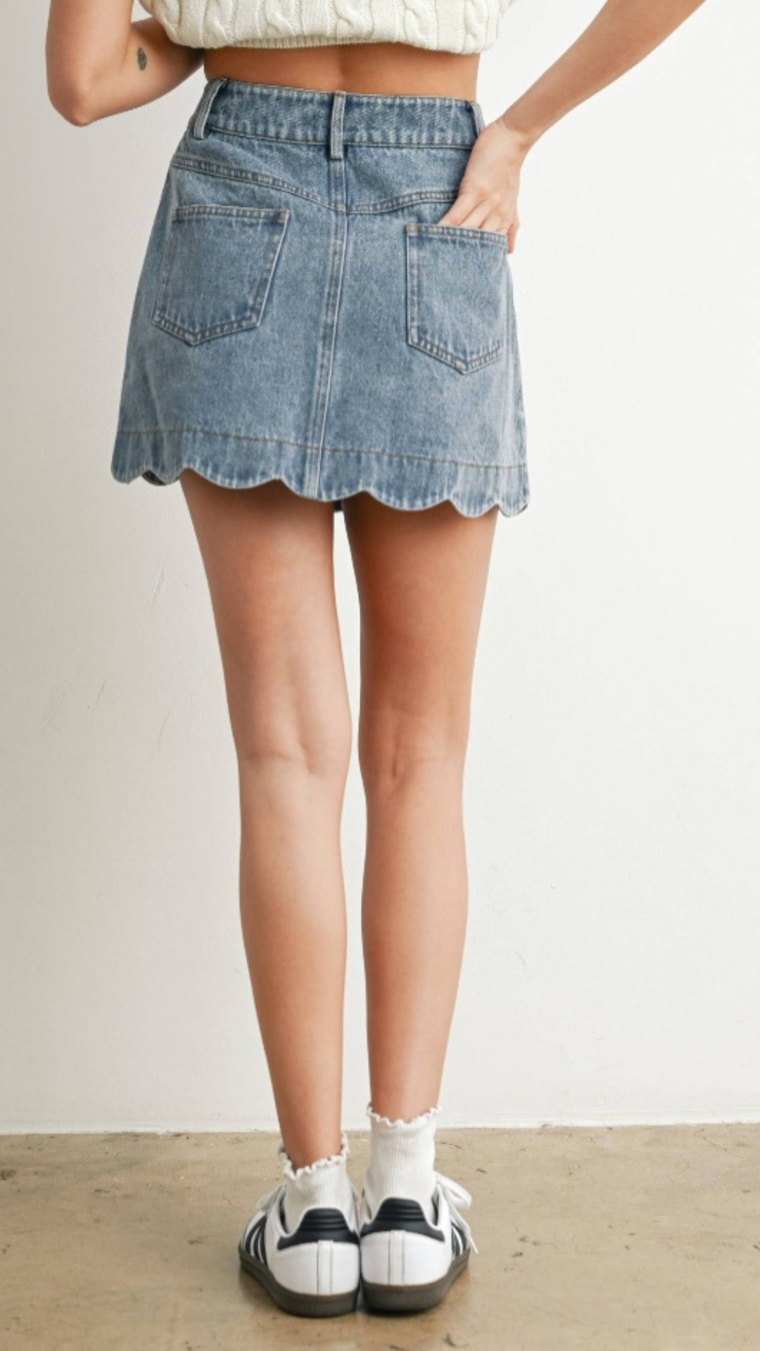 Scallop Edge Button-Up Denim Skirt