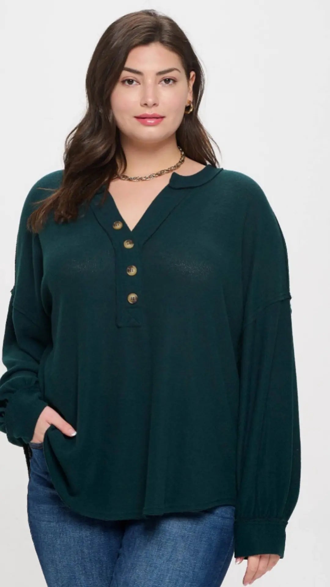 PLUS V NECK HALF BUTTON LONG SLEEVE KNIT TOP - U Pretty Things