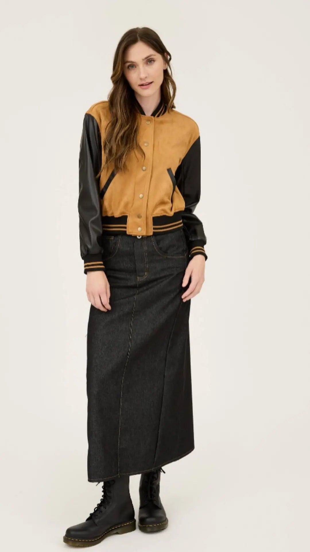 COLORBLOCK SUEDE BUTTON DOWN BOMBER JACKET - U Pretty Things