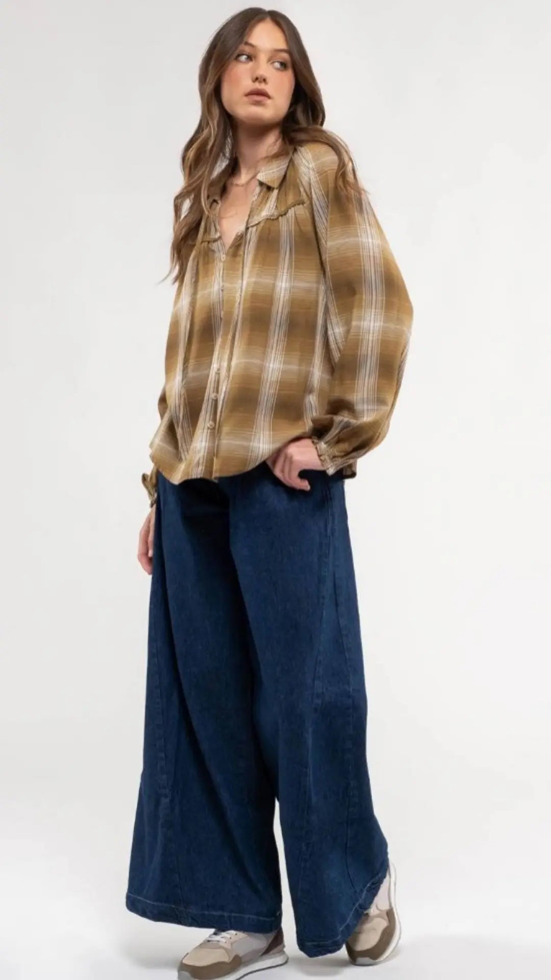 PLAID COLLARED PEASANT LONG SLEEVE BLOUSE - U Pretty Things