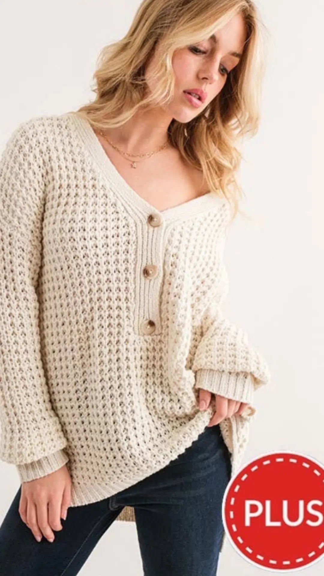 Plus Henley Waffle Textured Sweater - U Pretty Things