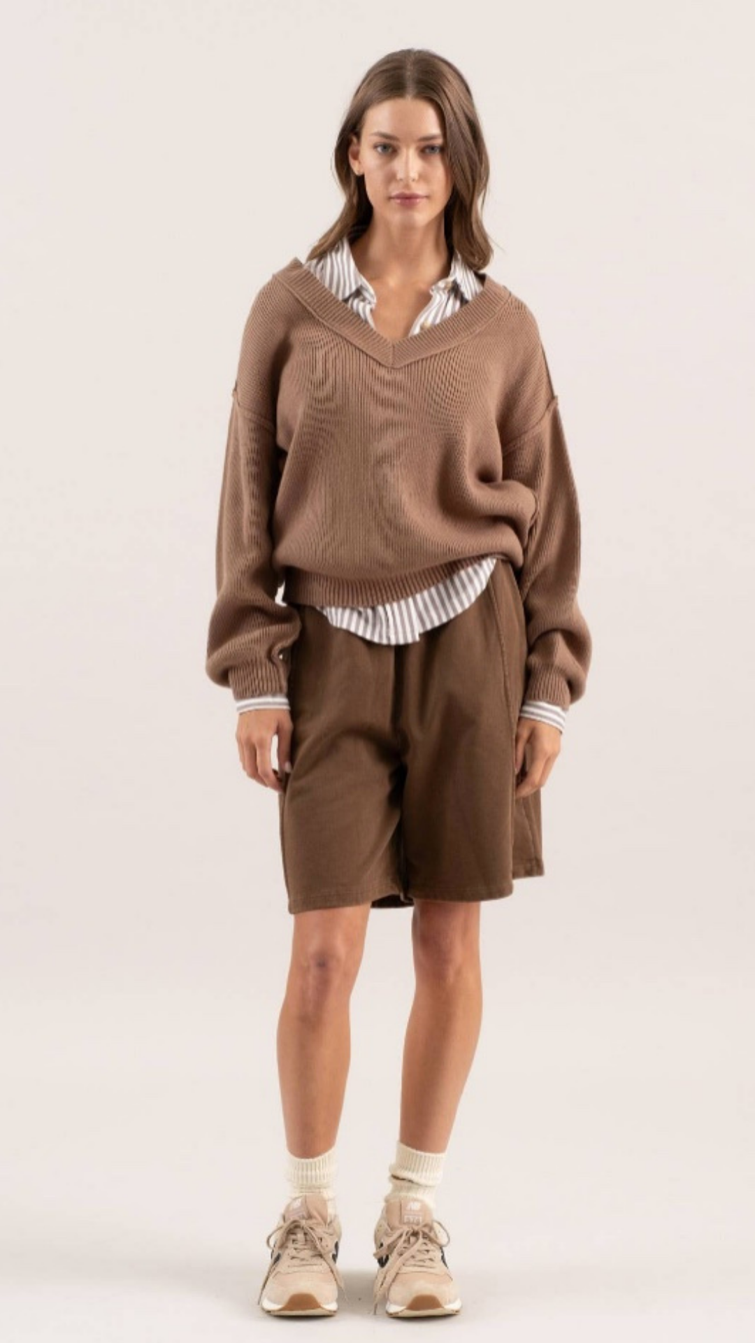 STRIPED DROP SHOULDER V NECK KNIT TOP