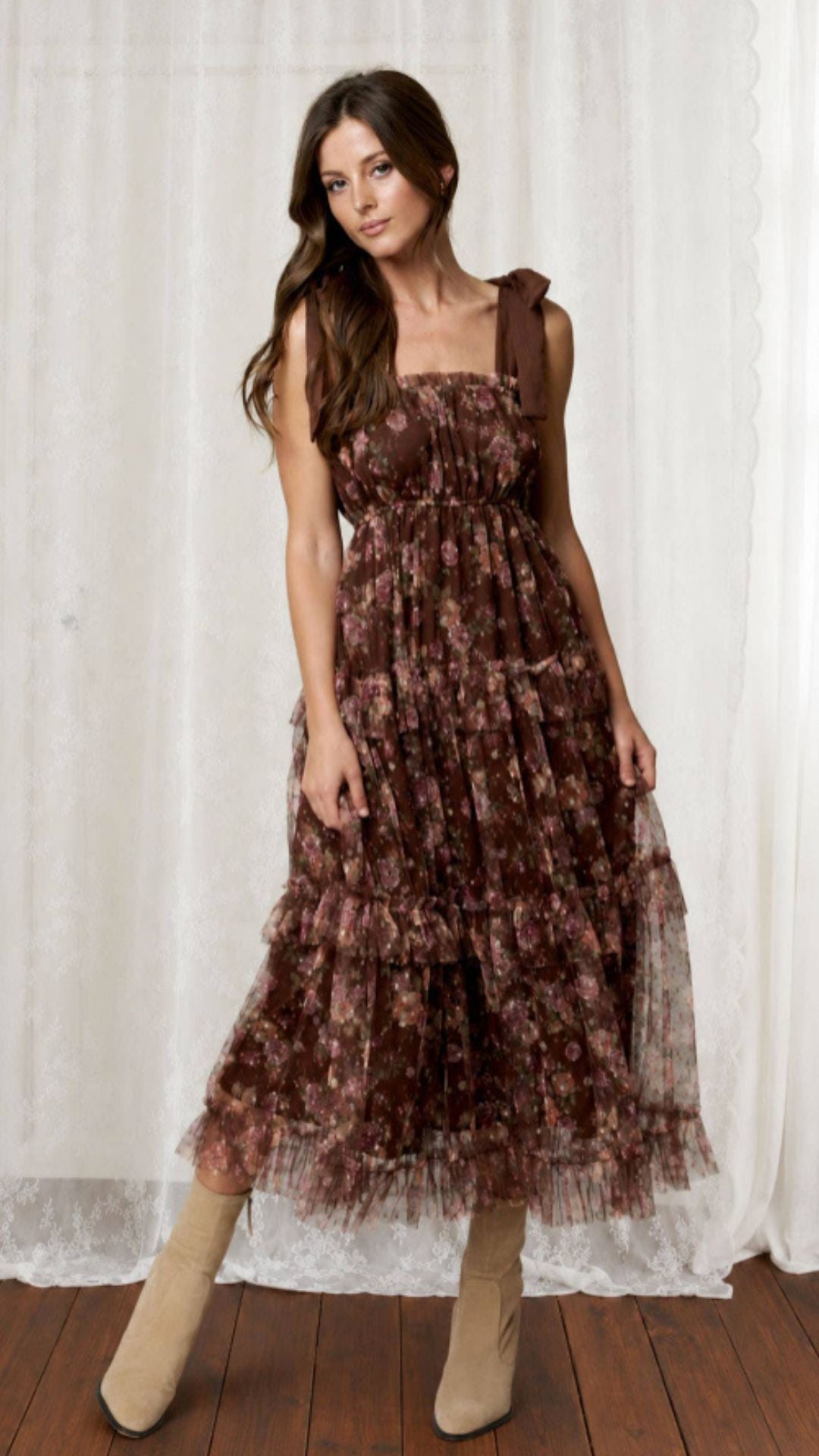 Cocoa Bloom Tiered Midi Dress