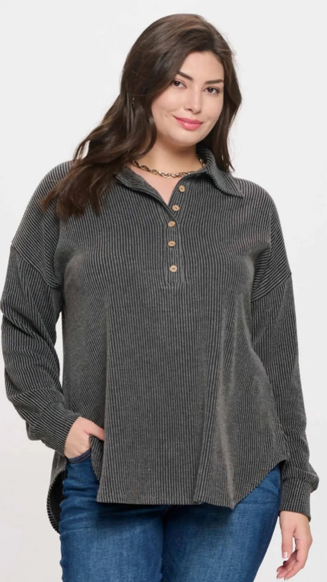 PLUS PINSTRIPE COLLARED HALF BUTTON KNIT - U Pretty Things