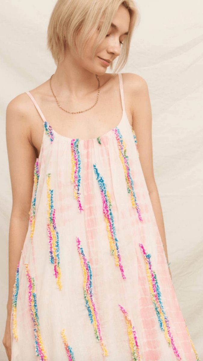 Adjustable cami straps on tie-dye maxi dress