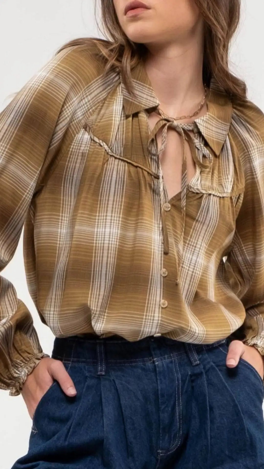 PLAID COLLARED PEASANT LONG SLEEVE BLOUSE - U Pretty Things