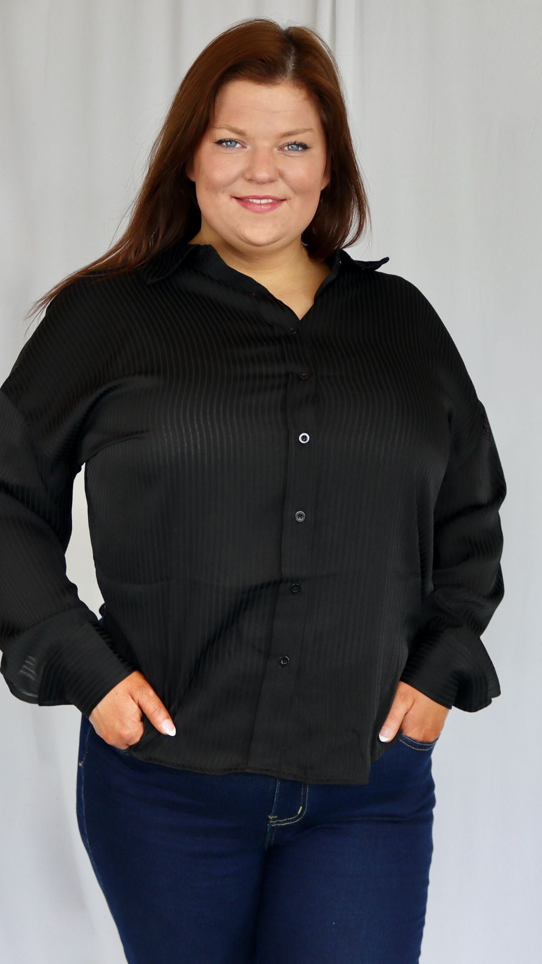 PLUS PINSTRIPE COLLARED LONG SLEEVE BUTTON DOWN