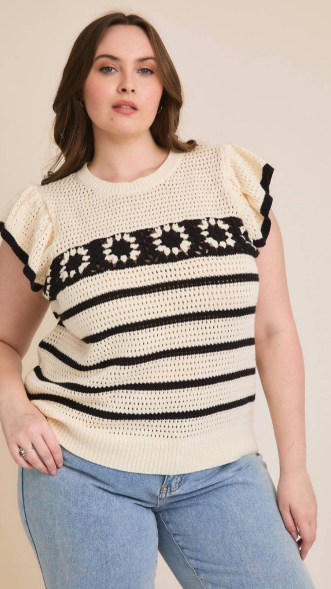 Plus Size Crochet floral top black and cream