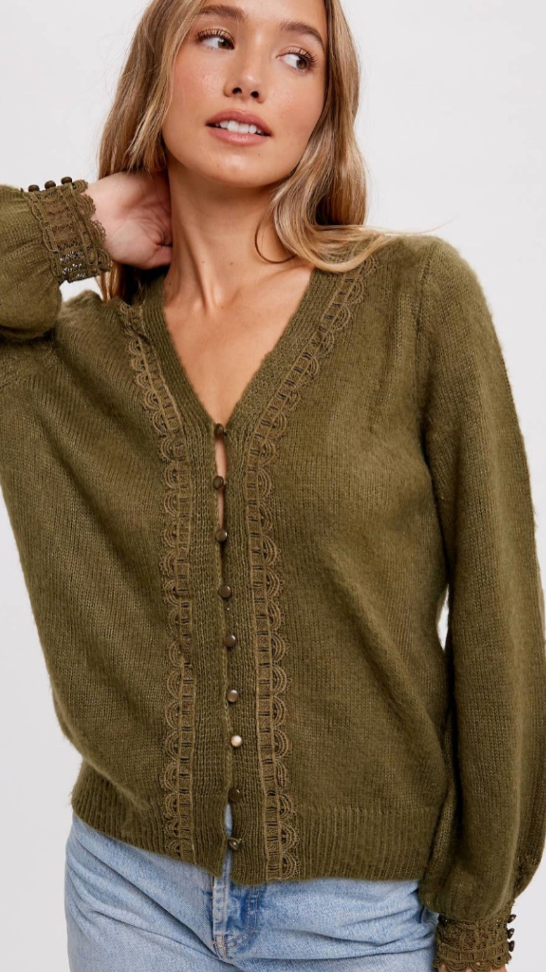 LACE TRIM BUTTON UP PULLOVER