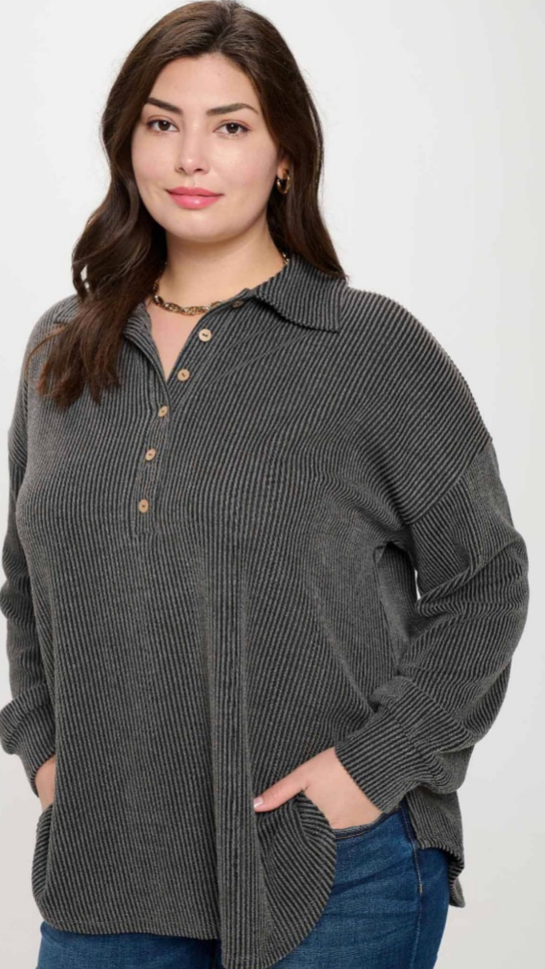 PLUS PINSTRIPE COLLARED HALF BUTTON KNIT