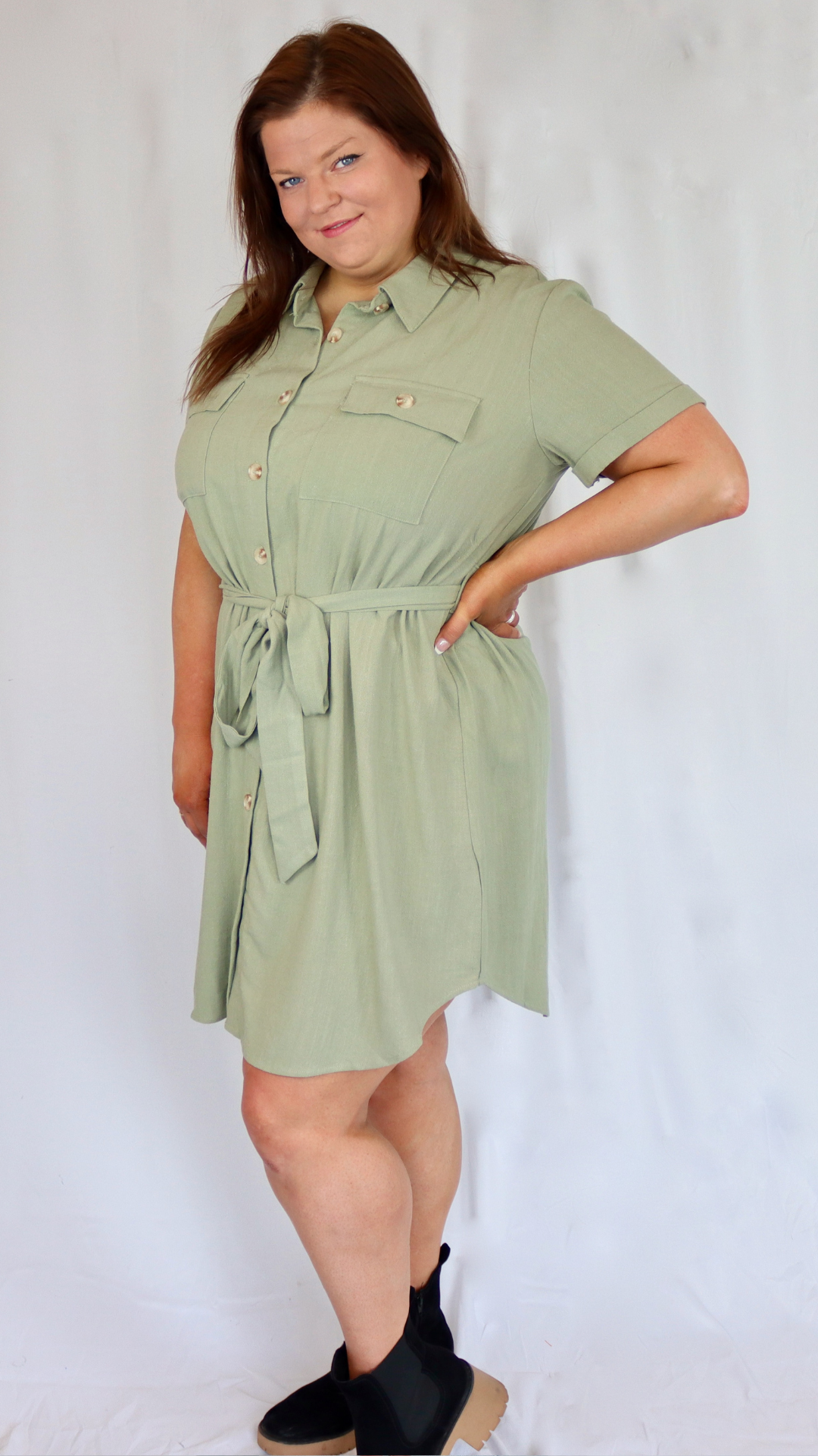Plus size olive green shirt dress