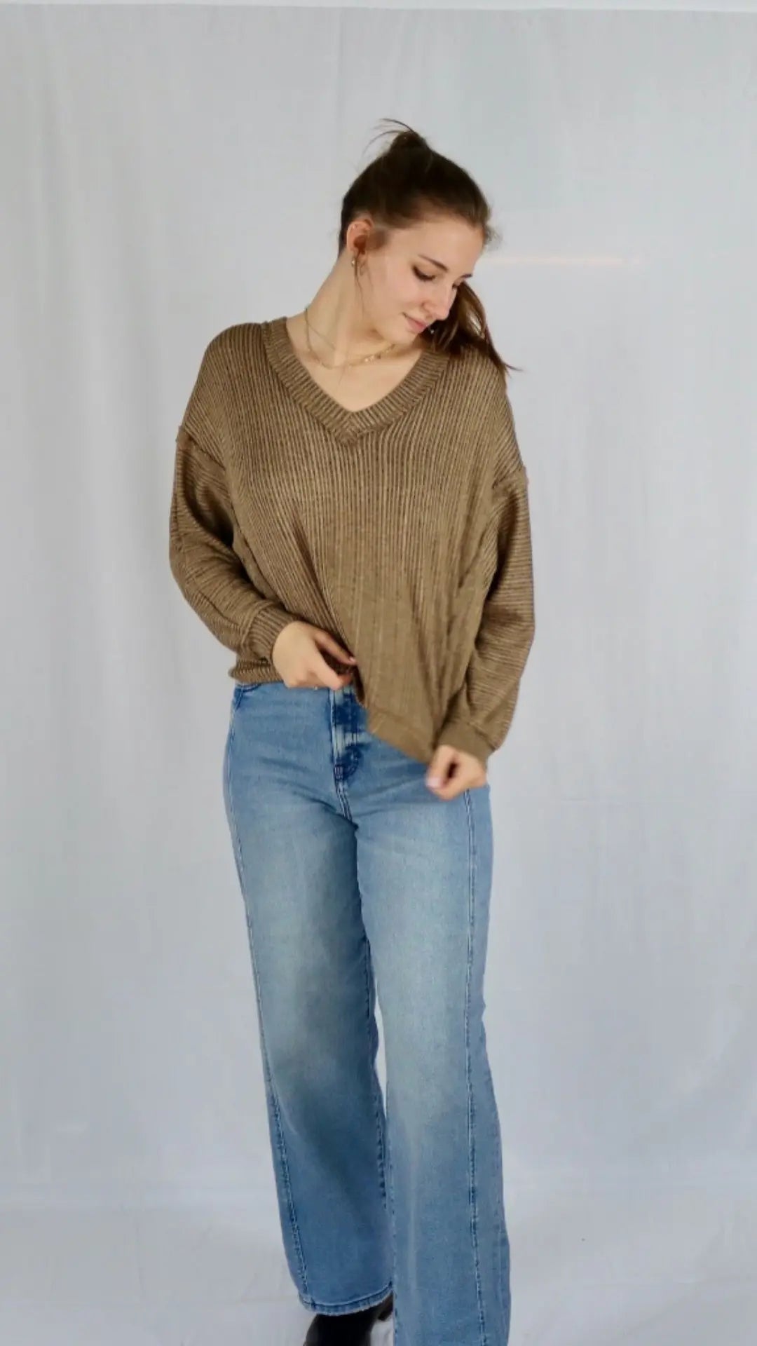 STRIPED DROP SHOULDER V NECK KNIT TOP - U Pretty Things