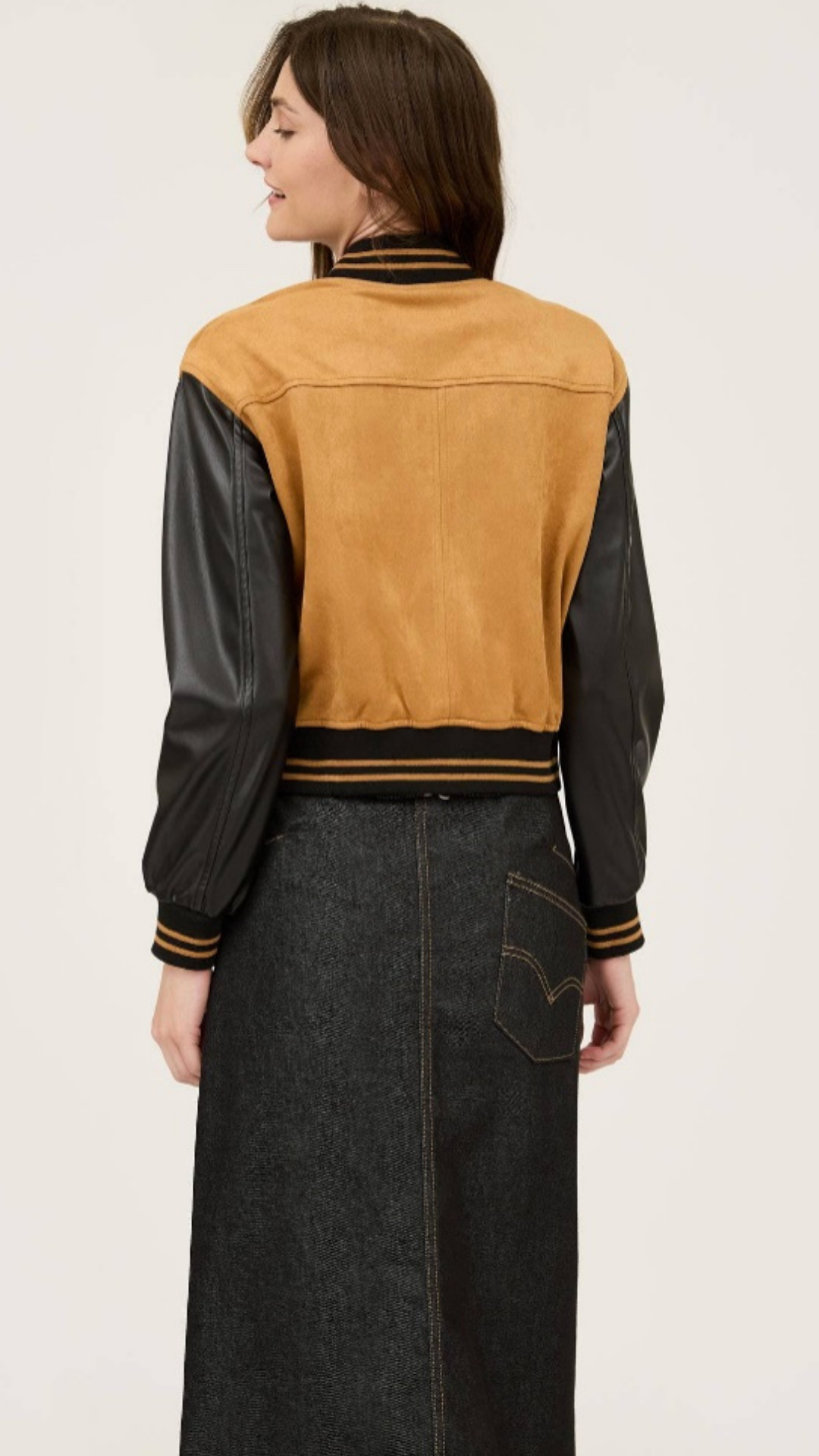 COLORBLOCK SUEDE BUTTON DOWN BOMBER JACKET