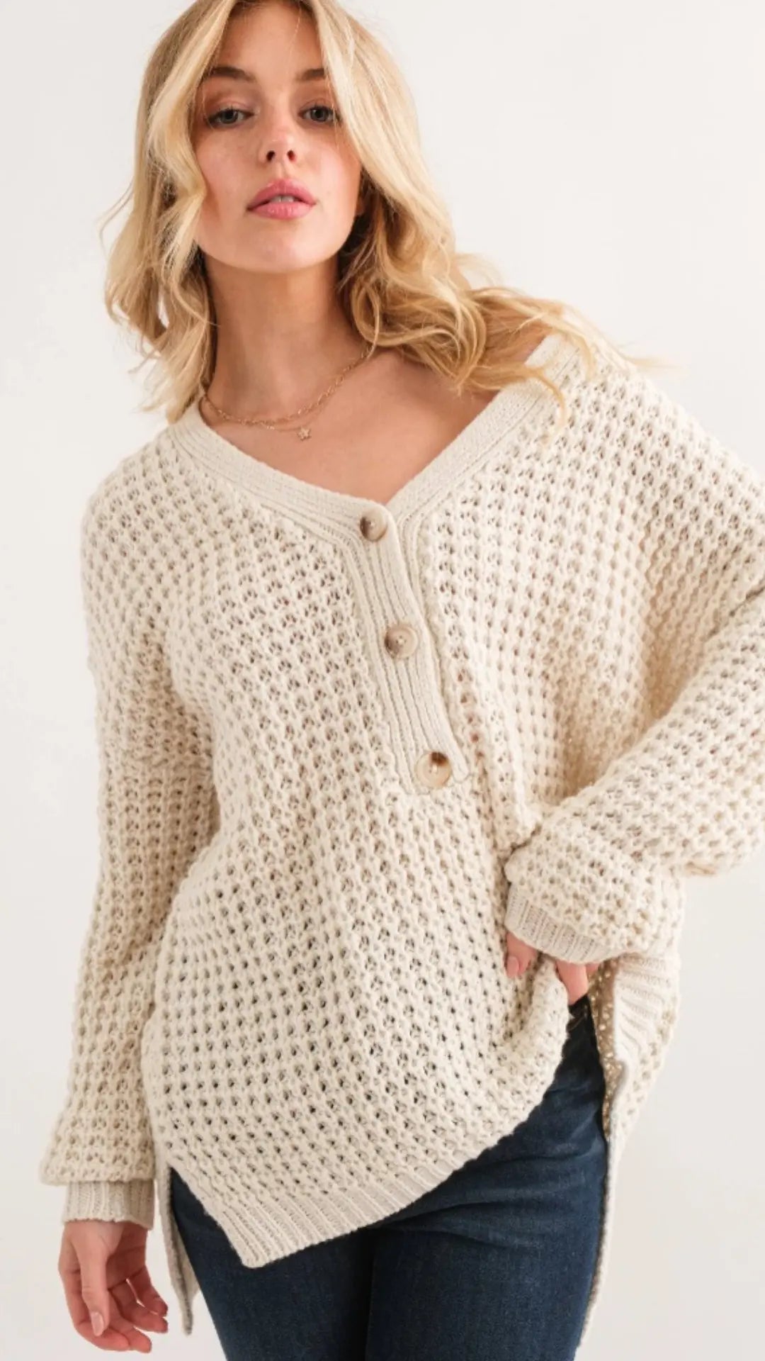 Plus Henley Waffle Textured Sweater - U Pretty Things