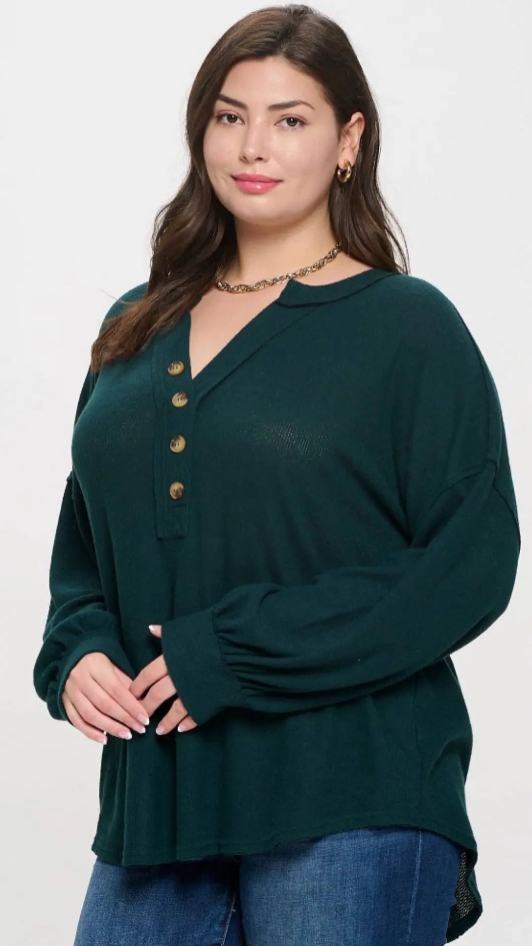 PLUS V NECK HALF BUTTON LONG SLEEVE KNIT TOP - U Pretty Things