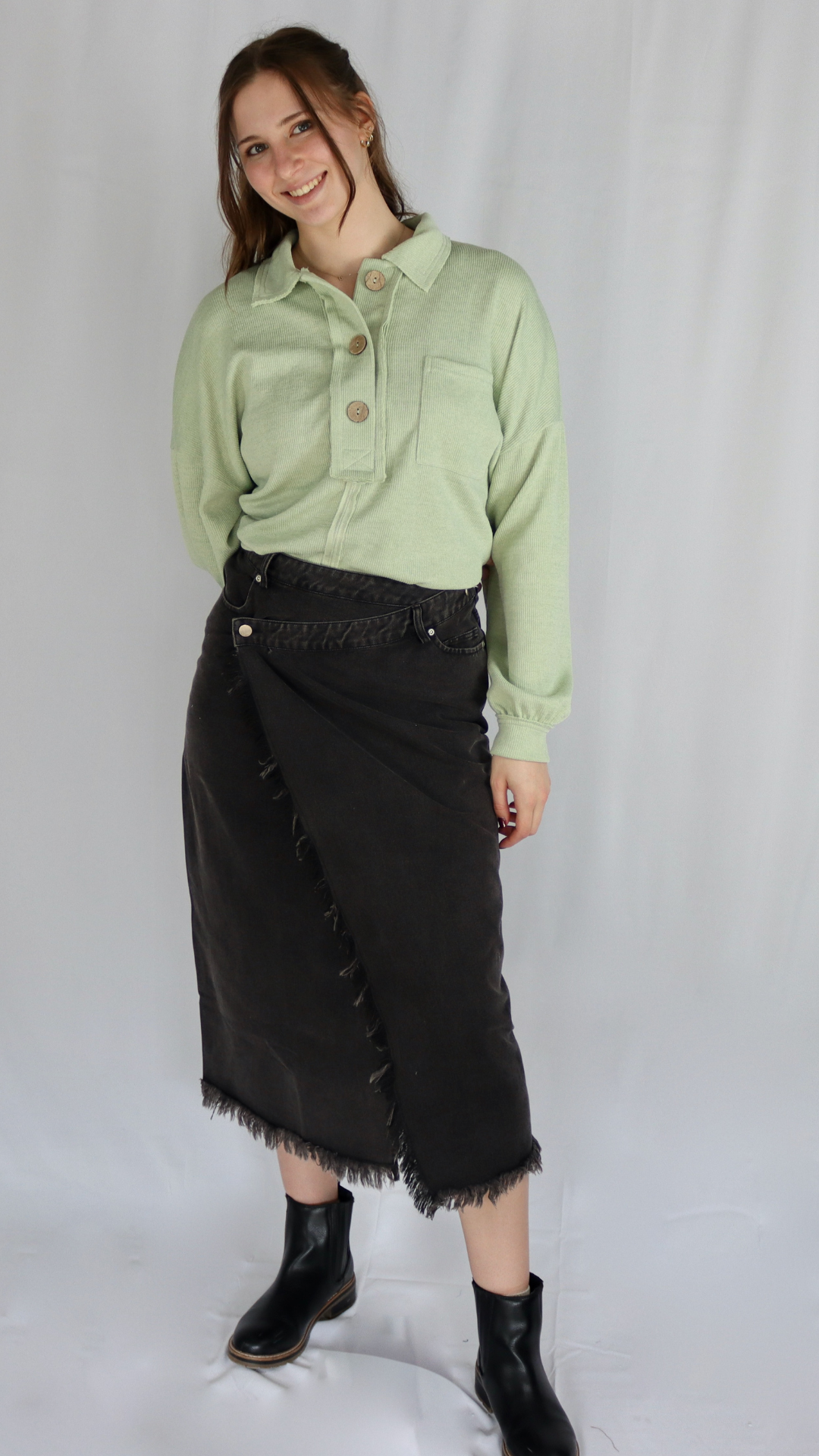 crossover black denim midi skirt