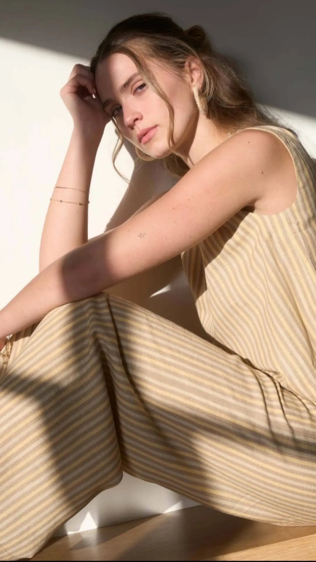 Citrus linen stripe top with matching pants in yellow and beige
