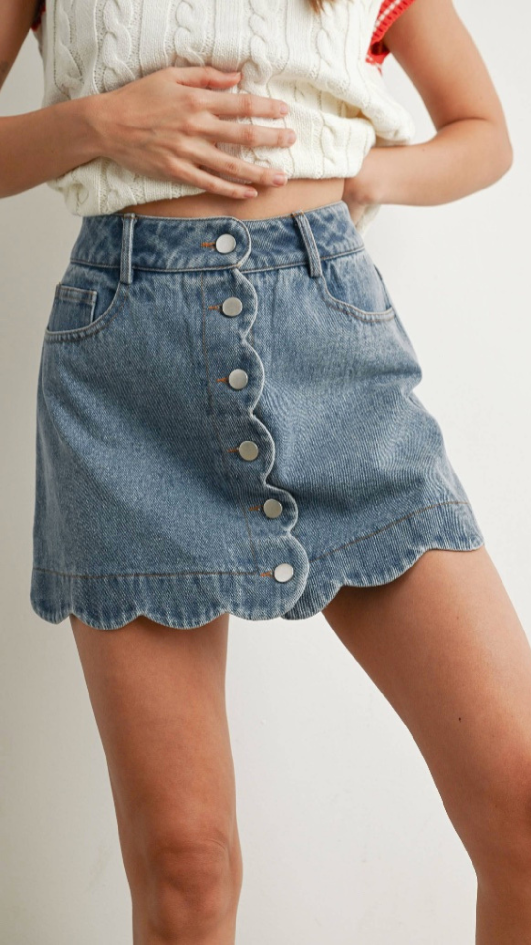Scallop Edge Button-Up Denim Skirt