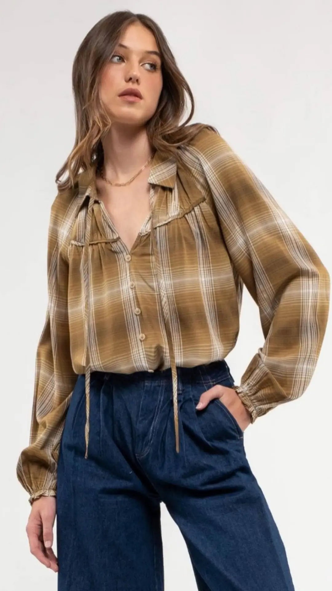 PLAID COLLARED PEASANT LONG SLEEVE BLOUSE - U Pretty Things
