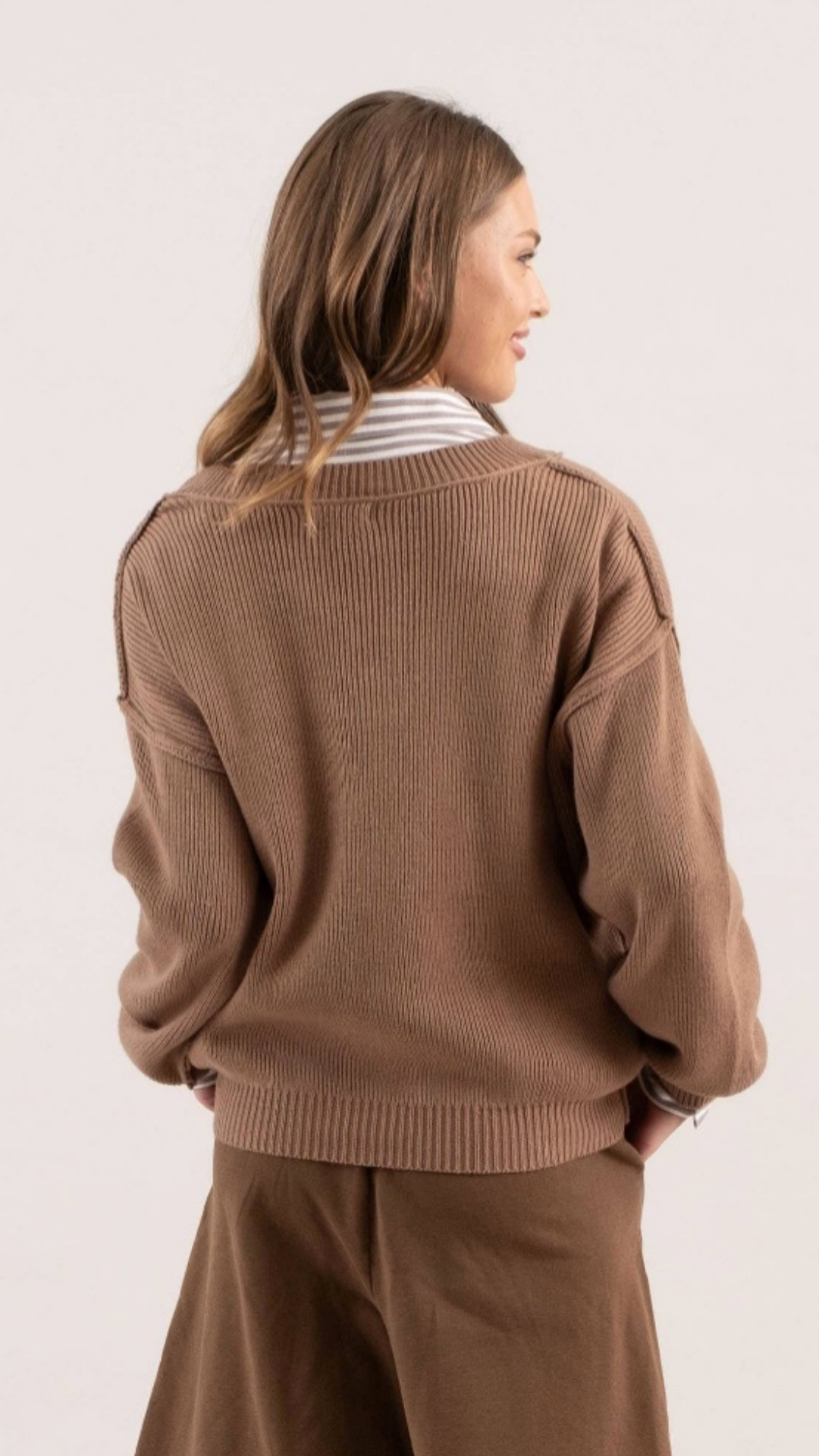 STRIPED DROP SHOULDER V NECK KNIT TOP