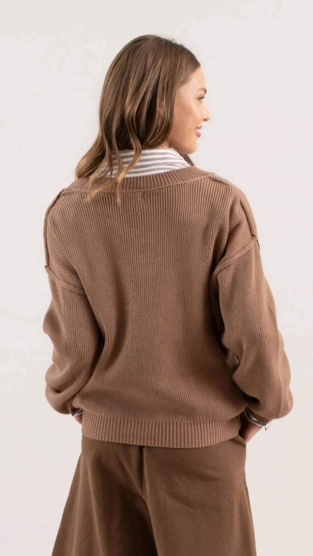 STRIPED DROP SHOULDER V NECK KNIT TOP - U Pretty Things