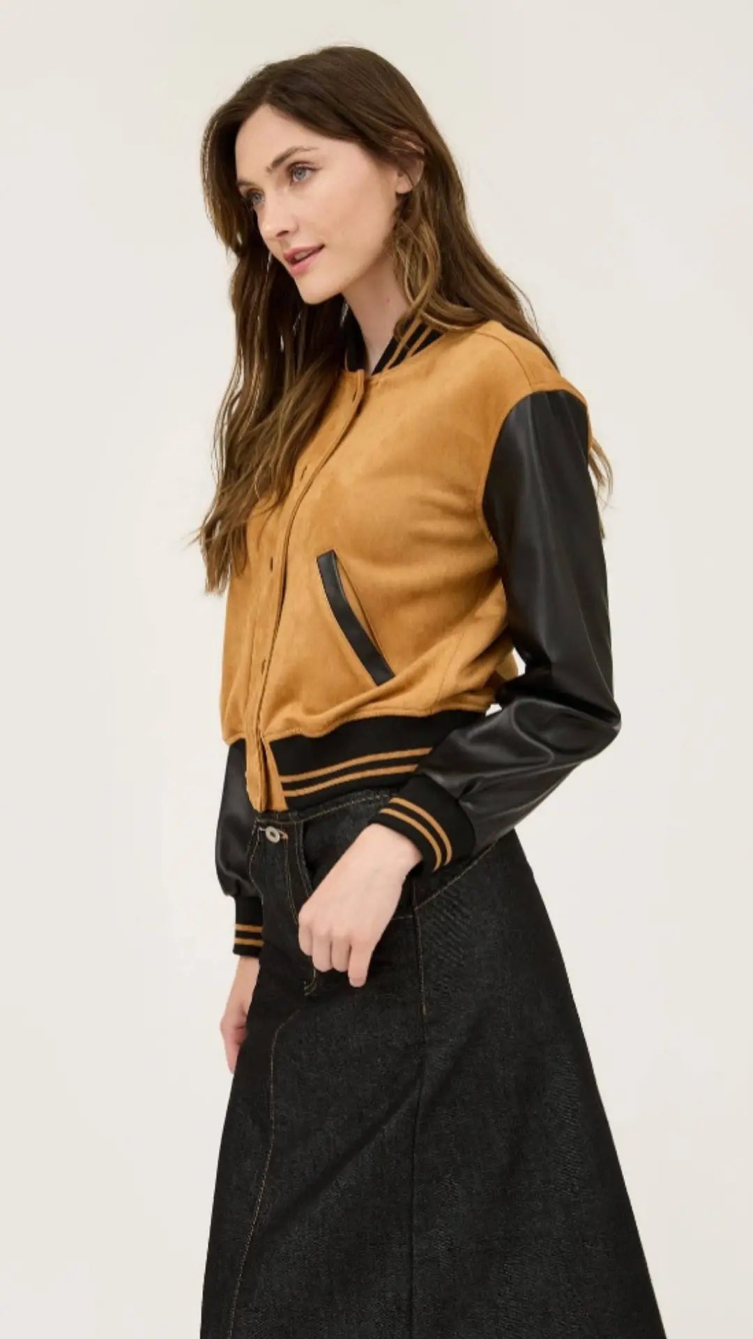 COLORBLOCK SUEDE BUTTON DOWN BOMBER JACKET - U Pretty Things