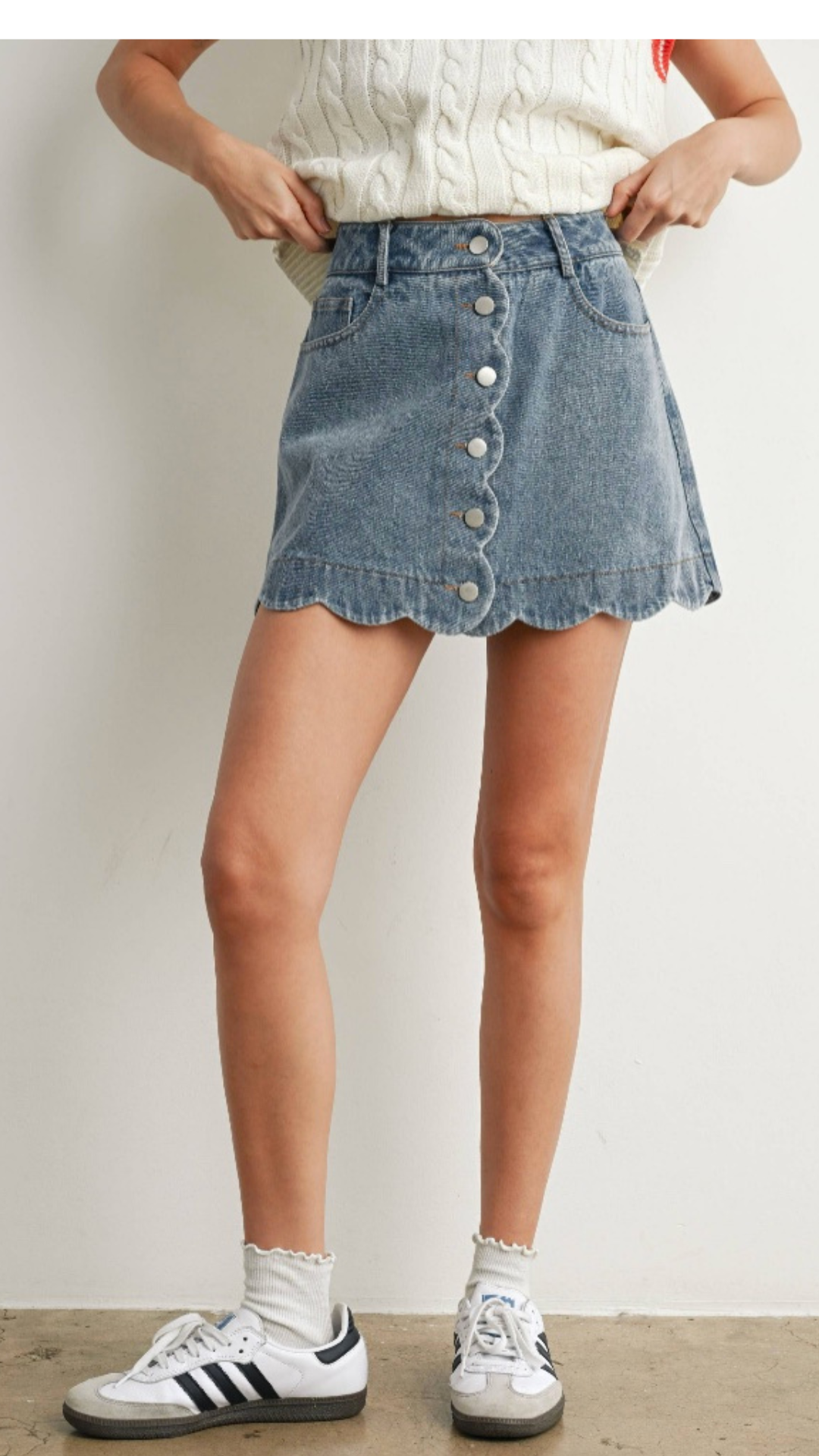 Scallop Edge Button-Up Denim Skirt