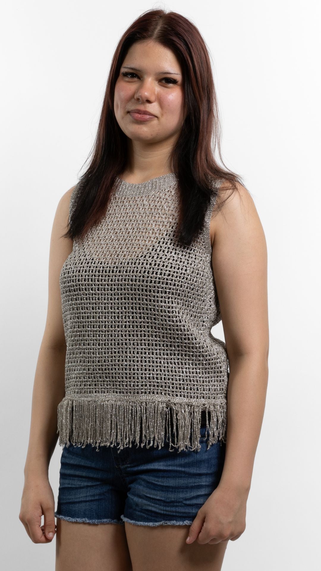 Silver Open-Knit Fringe Tank