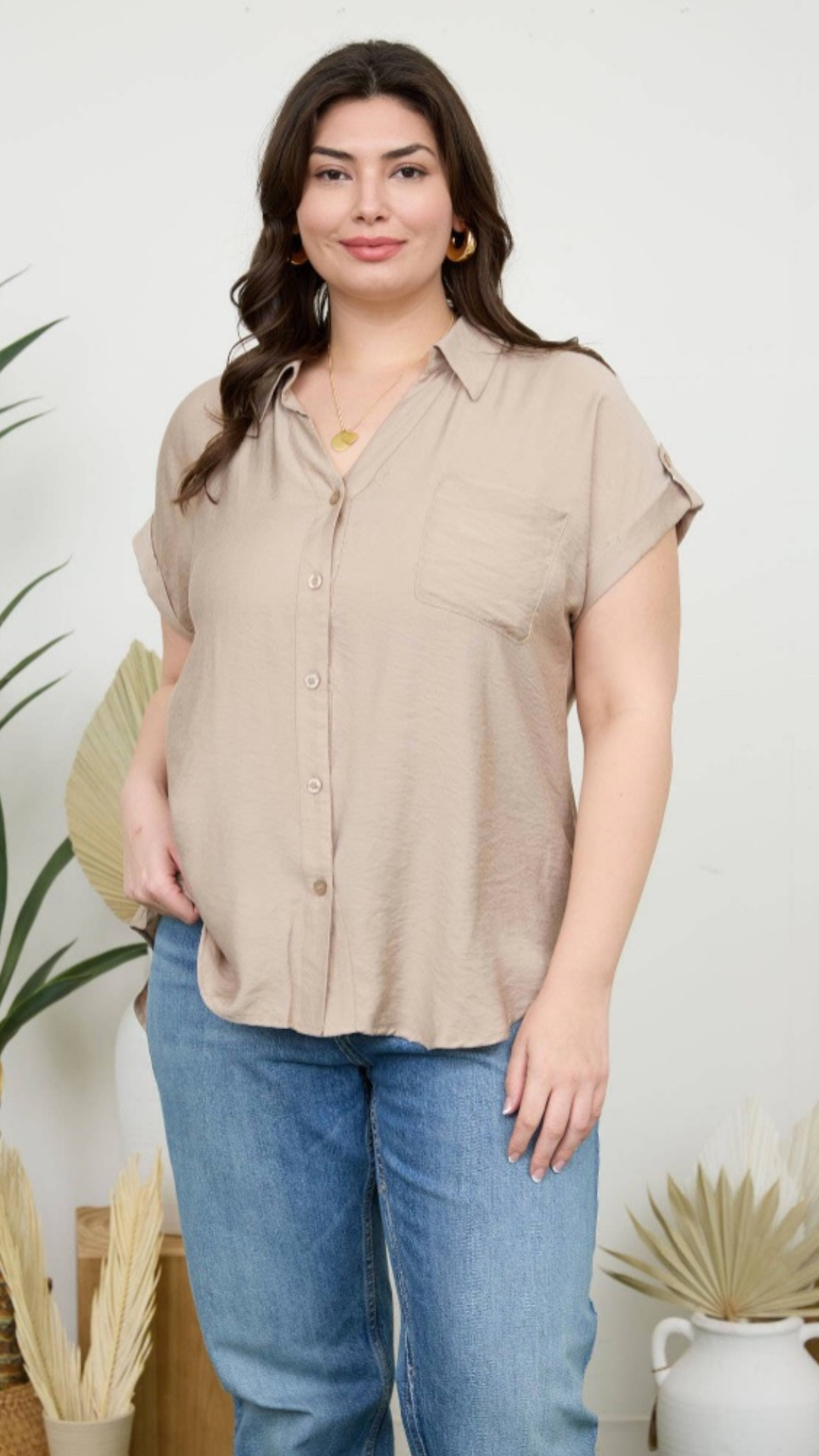 Plus size kaki button down shirt