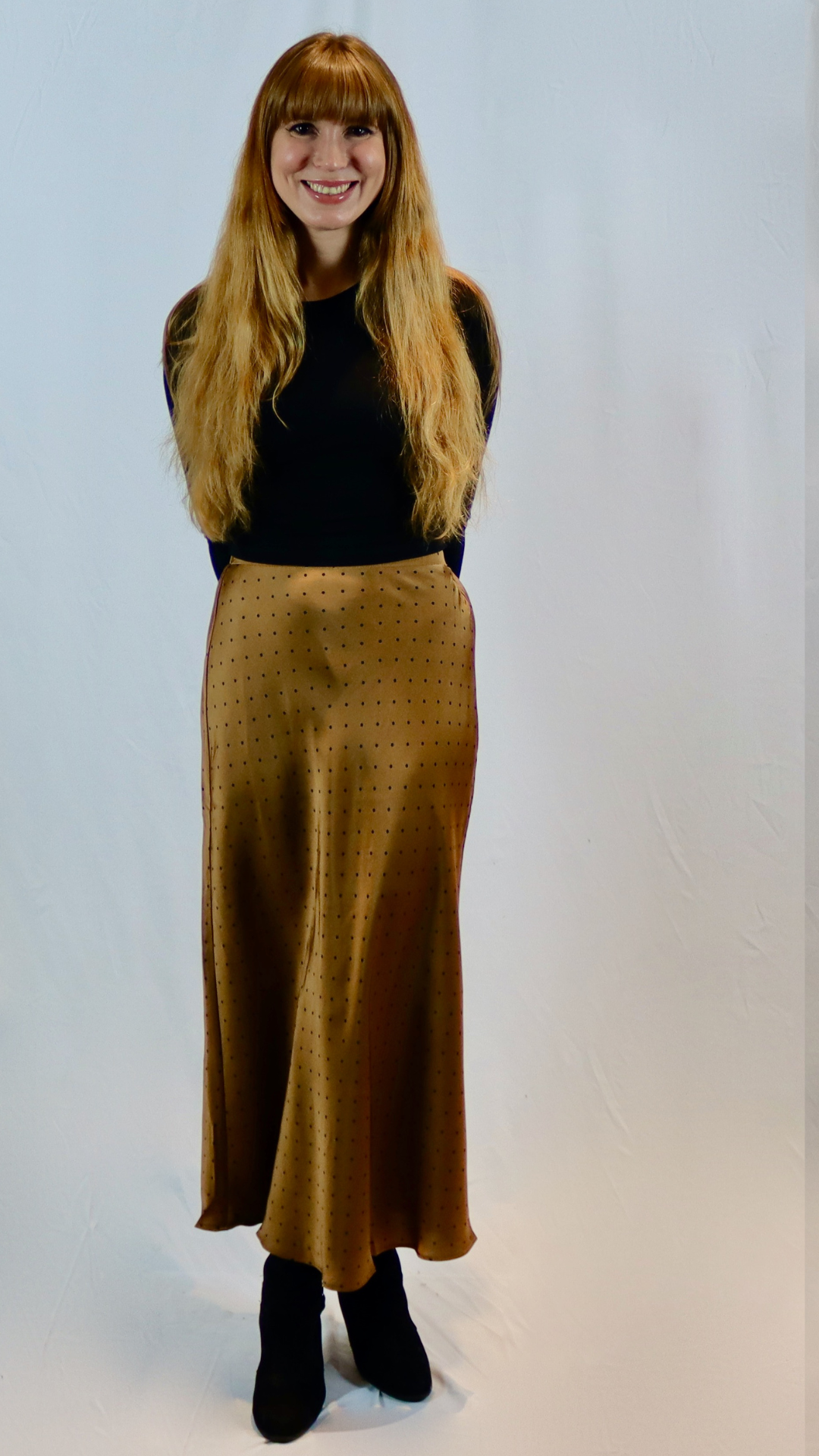 chocolate brown polka dot midi skirt
