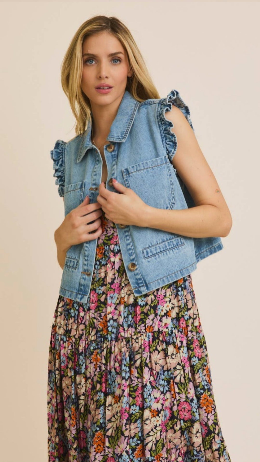 denim vest with ruffle sleeve