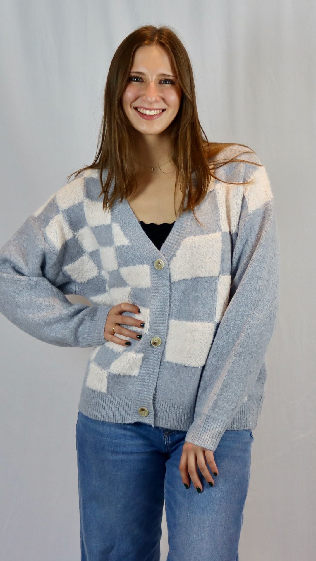 gray and white checkered print cardigan