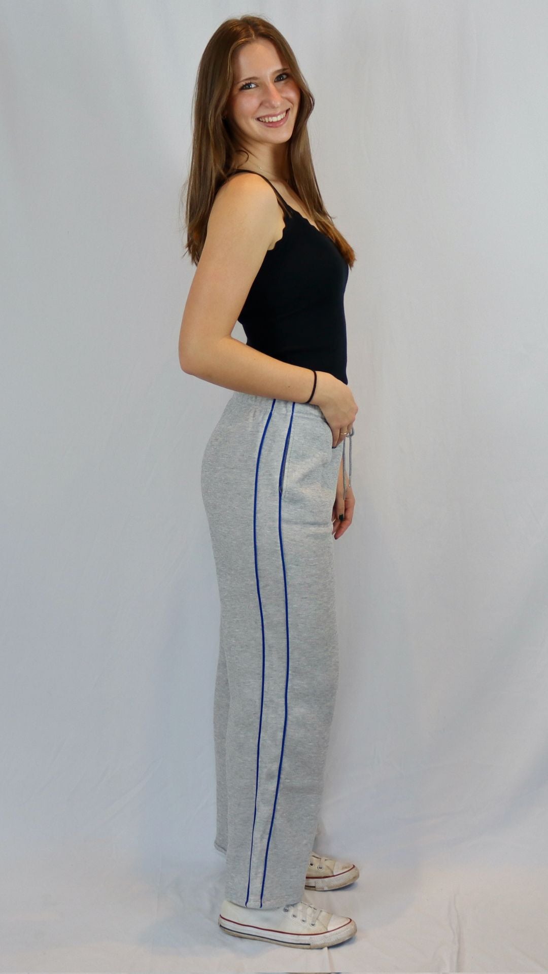 Gray sweatpants with blue stripe