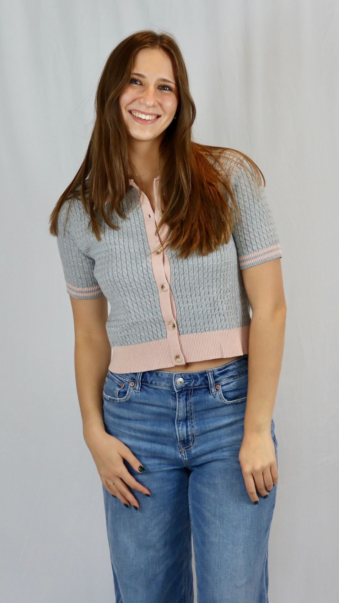 Grey and pink button up polo top