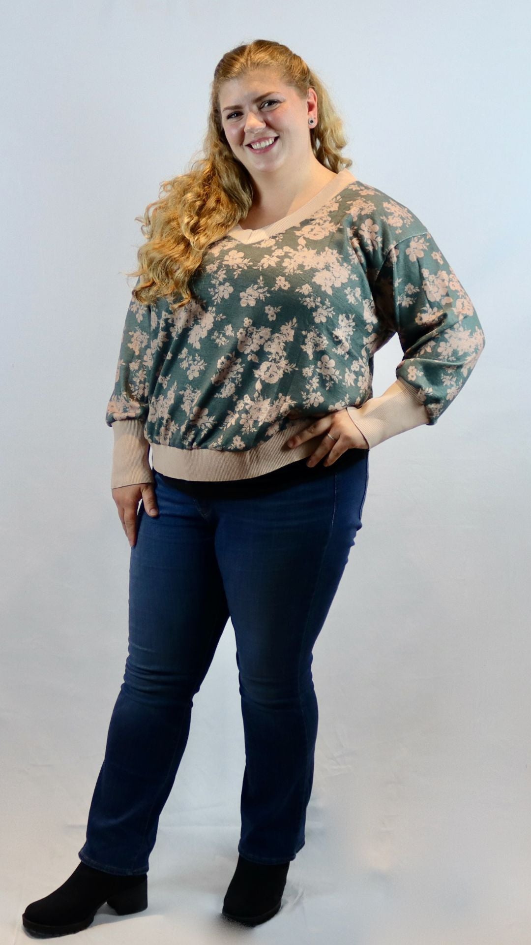 plus size green and pink fall floral long sleeve top