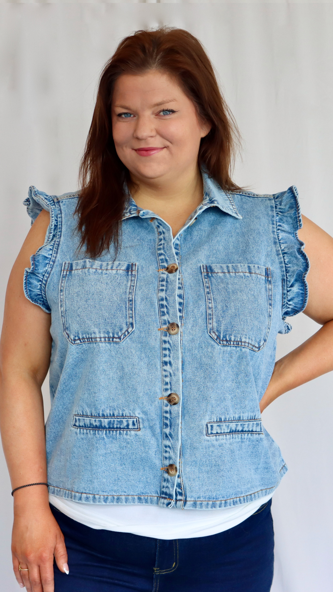 Plus Size Denim Vest With Ruffle