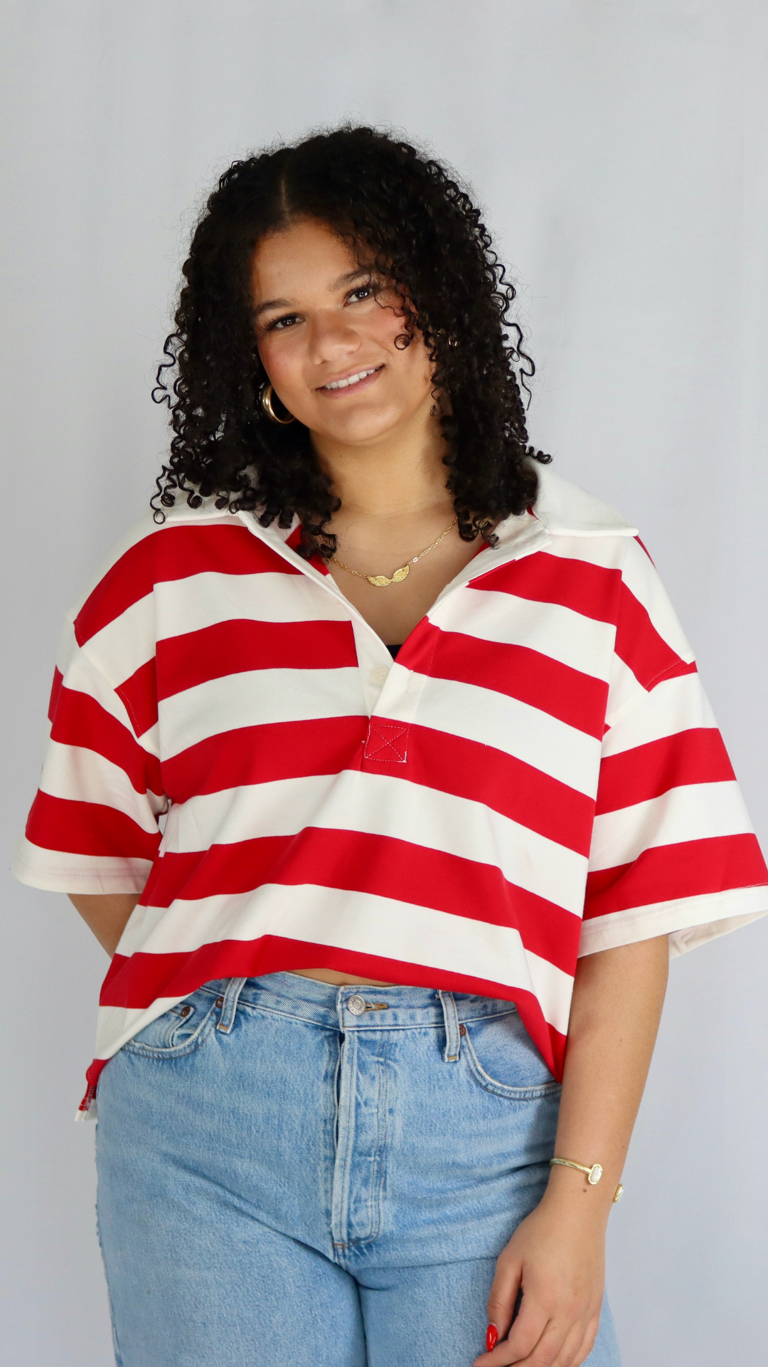 red and white stripe oversized polo