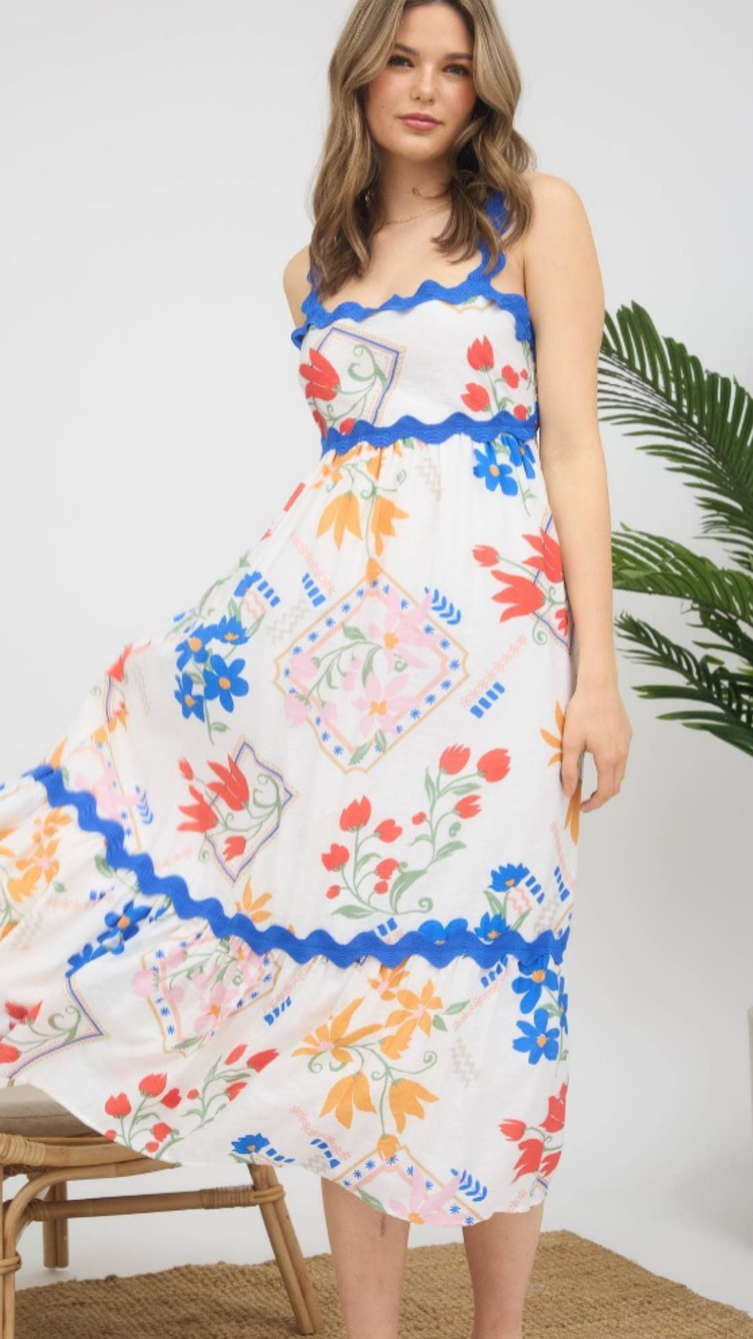 Floral and blue summer midi dress