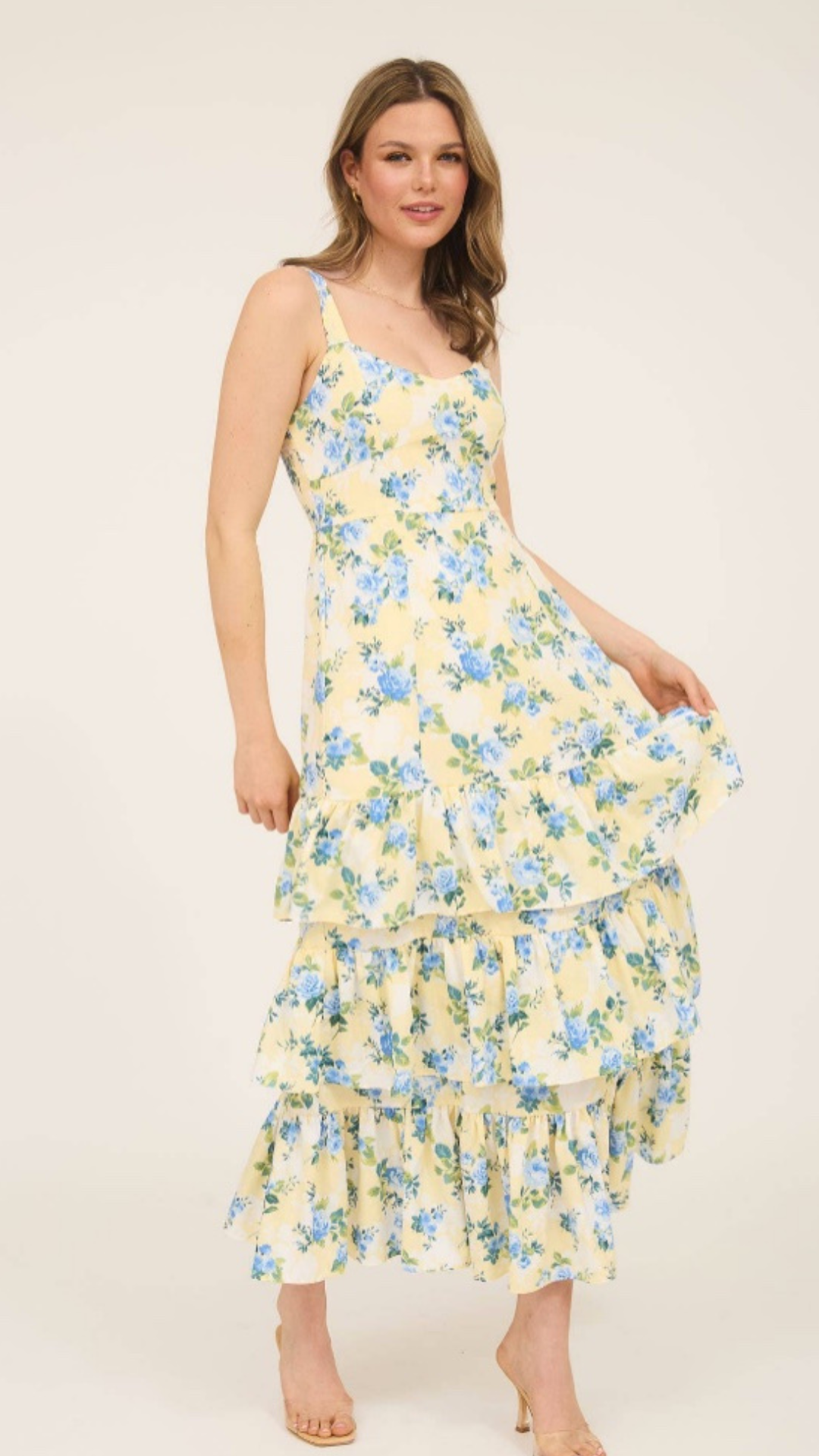 Yellow and blue floral print midi dress