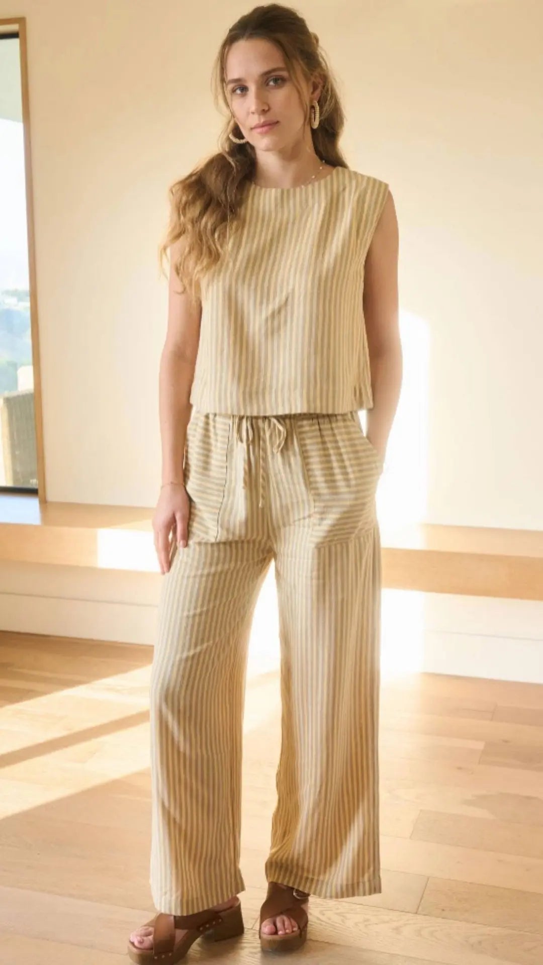 Yellow and beige striped matching set styled for summer outfit