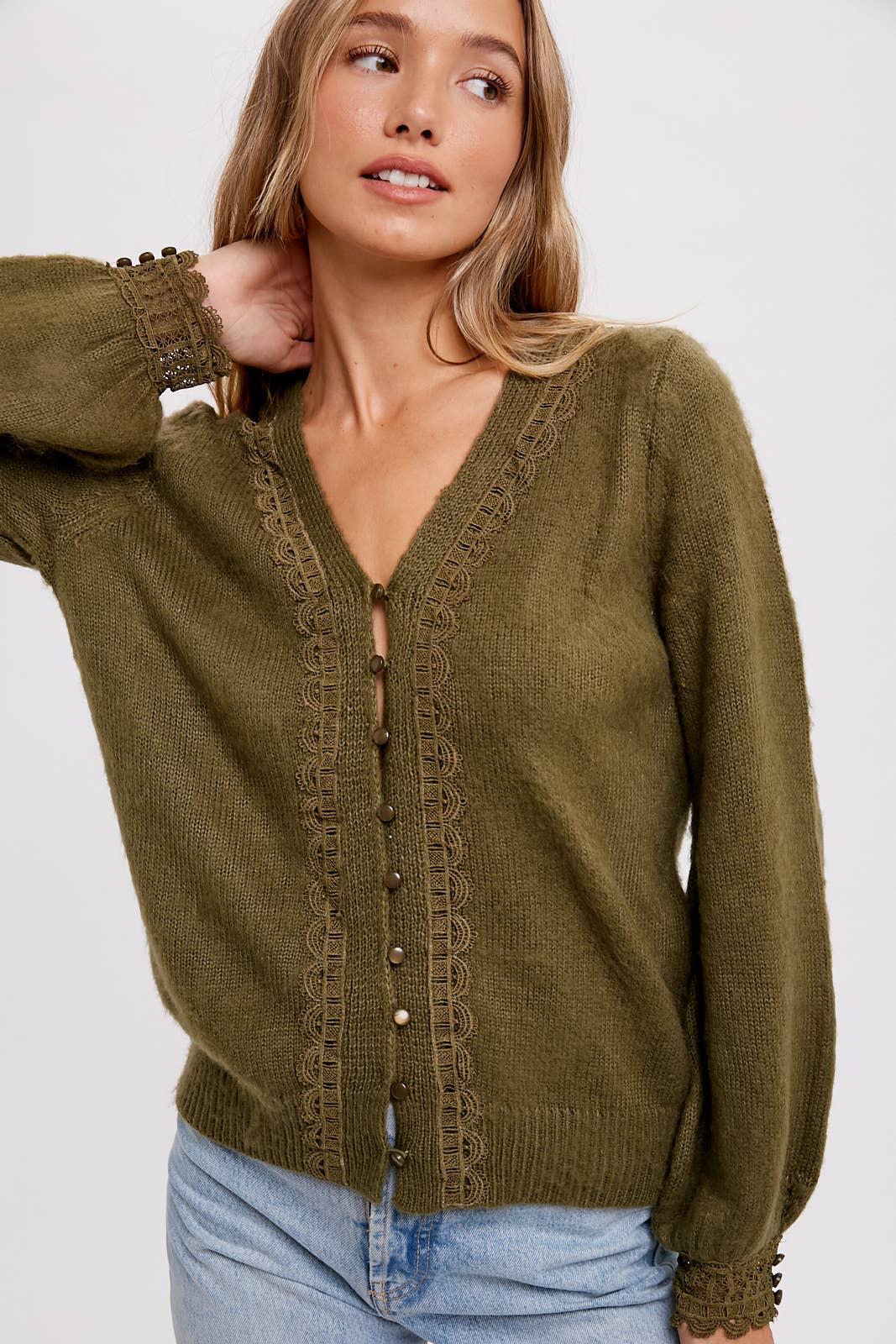 Women's lace trim button-up pullover with feminine neckline