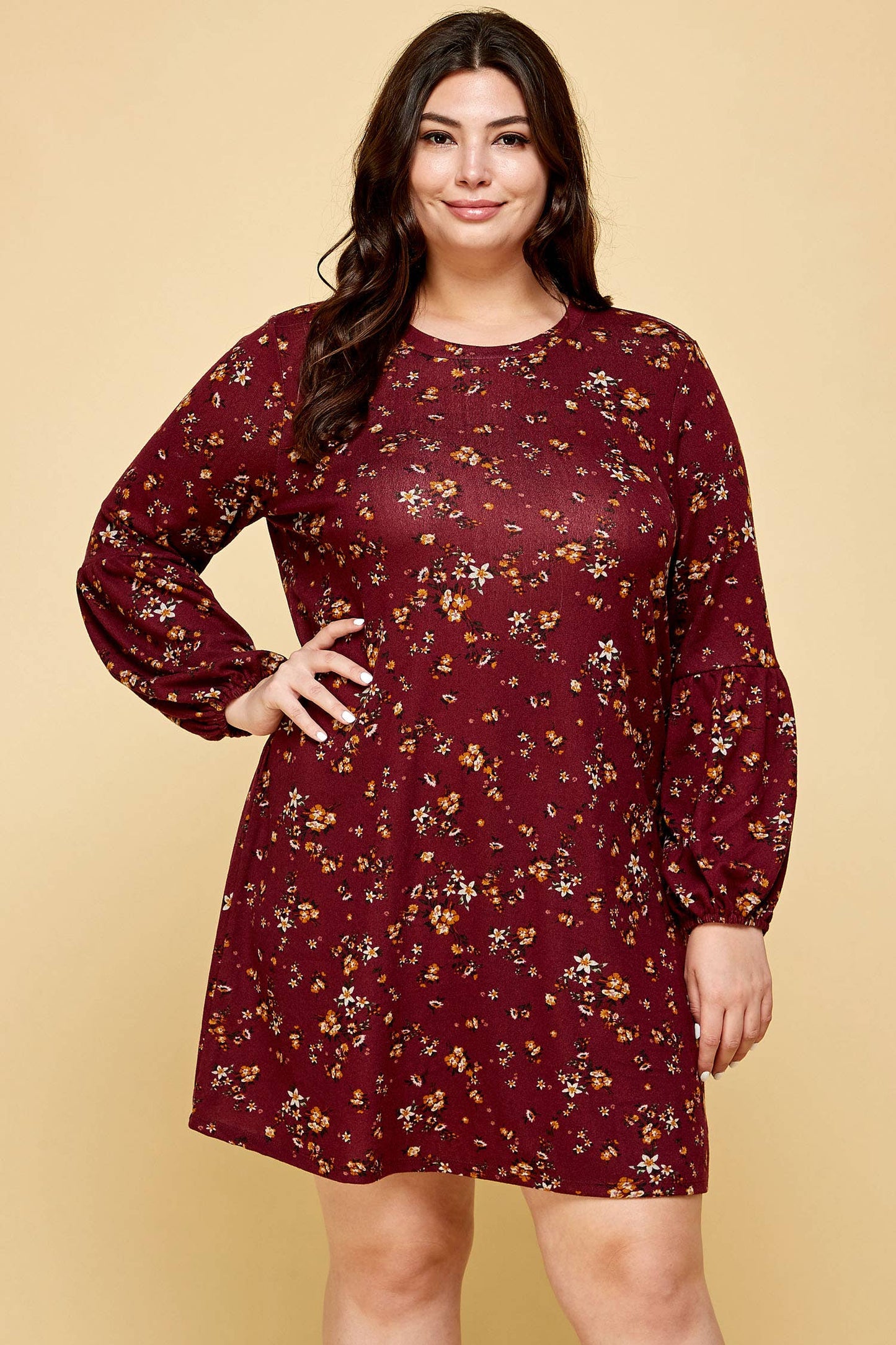 Plus size cozy floral sweater dress with relaxed fit