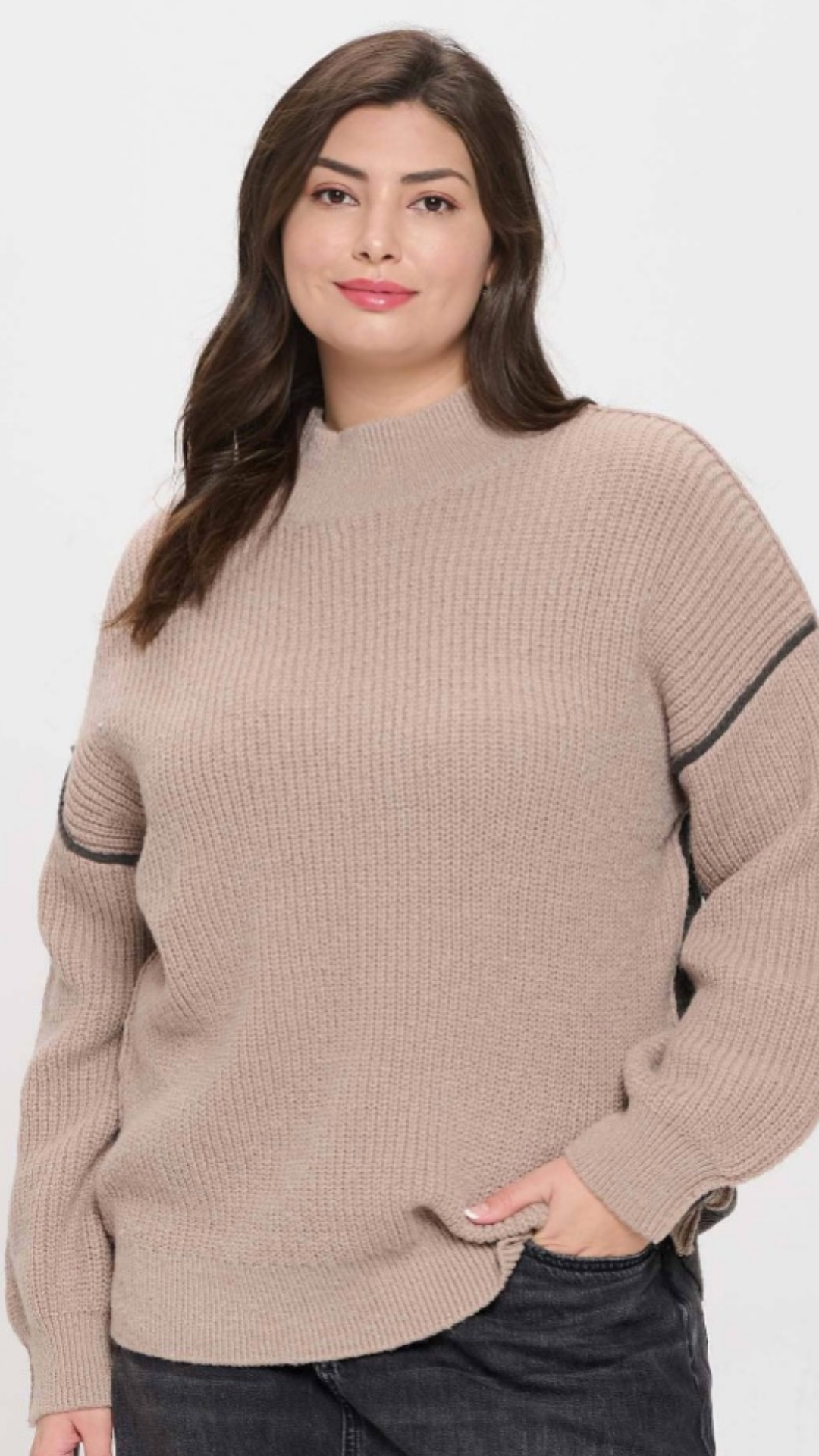 PLUS COLORBLOCK MOCK NECK EXPOSED SEAM SWEATER