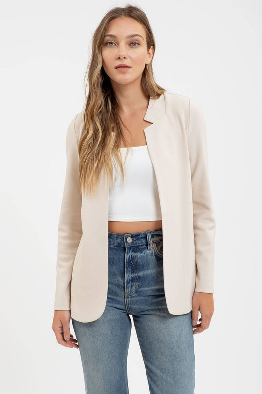 Notch collar long sleeve long line blazer for refined style