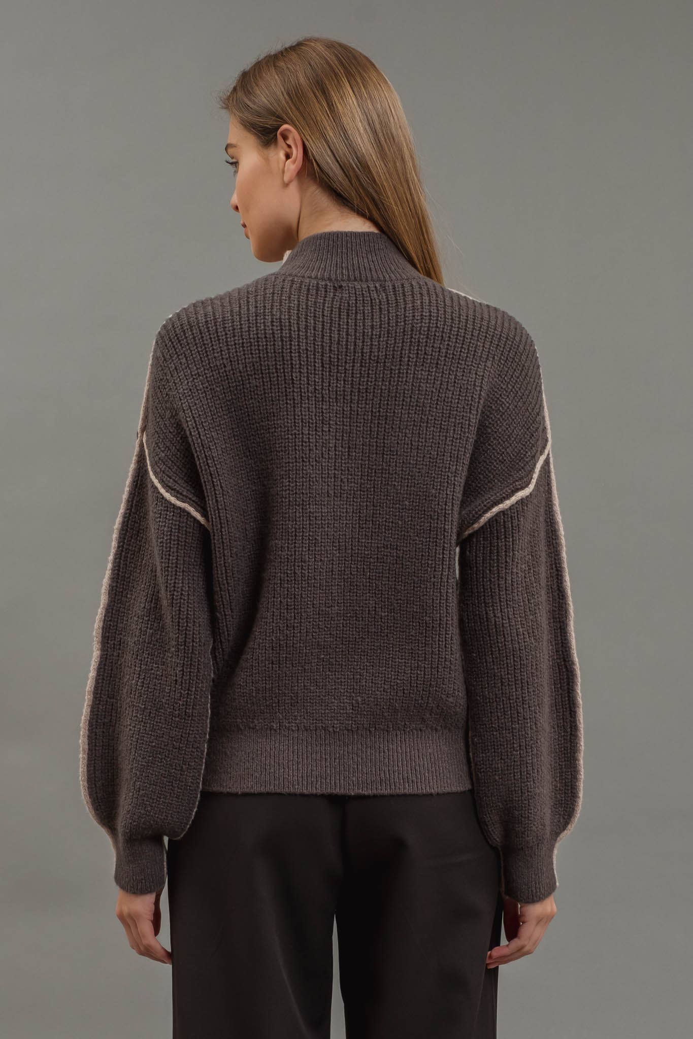 olorblock mock neck exposed seam sweater, cozy knit design