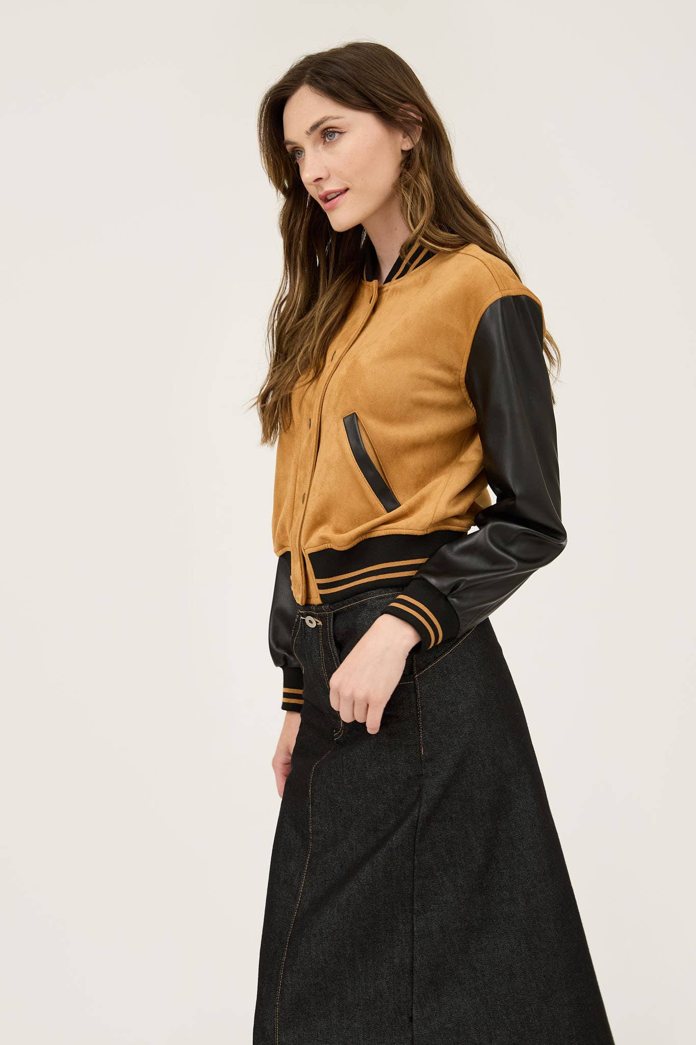 Colorblock suede bomber jacket for women with button down design