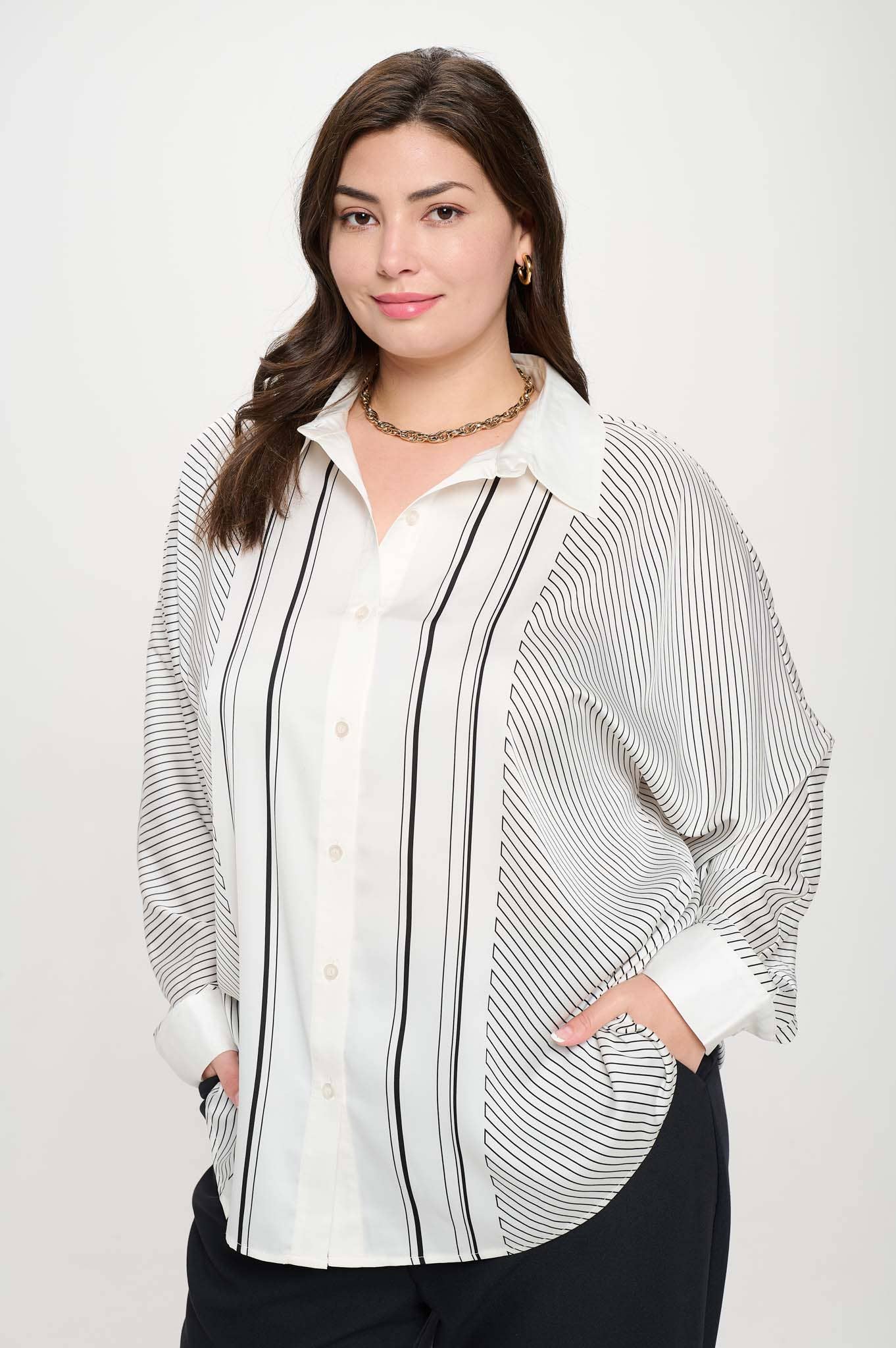 PLUS ASYMMETRICAL STRIPE COLLARED BUTTON DOWN