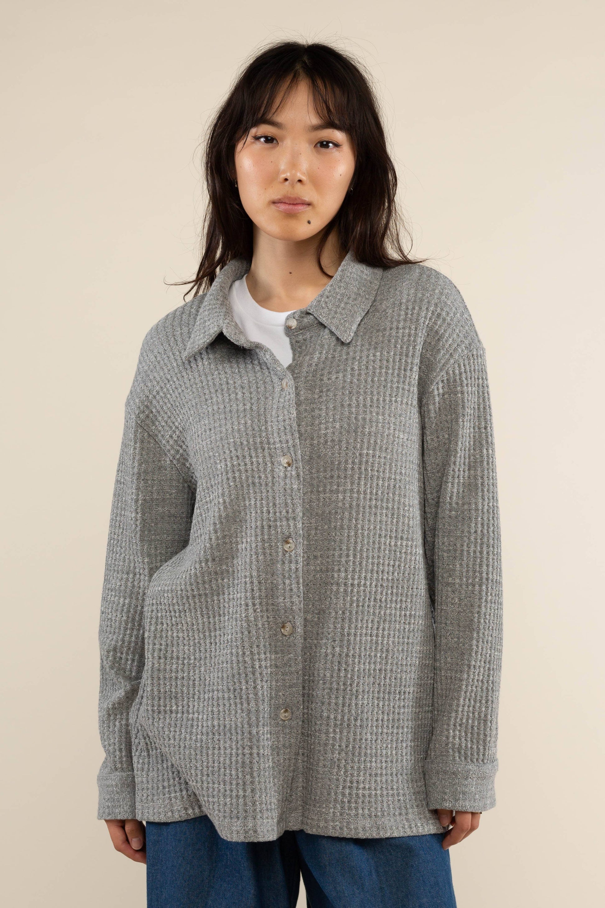 Textured waffle knit button-down shirt for casual layering