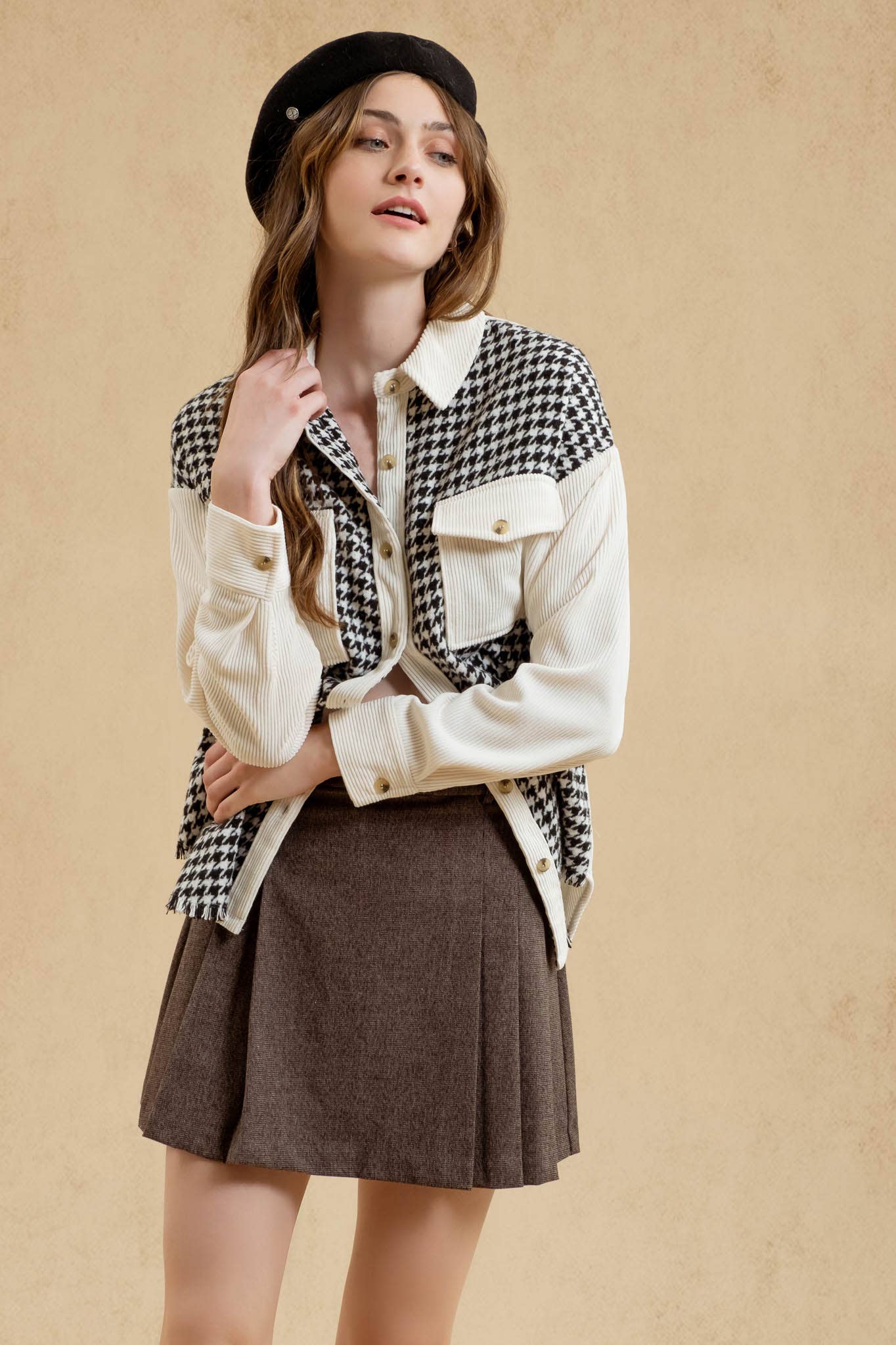 Colorblock houndstooth shacket, perfect for layering and casual wear